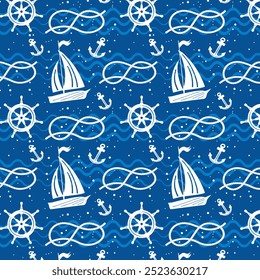 Stylized pattern with a sailboat.Vector seamless pattern with sailboat and ship rigging on a blue background.