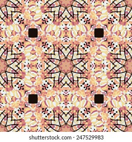 Stylized pattern: vibrant and intricate textile illustration with repeating geometric composition combining flowery and abstract elements in soft pastel hues. Central shapes feature stylized blossoms interspersed with black lines that add striking contrast and structural framework, creating kaleidoscopic visual effect. Square motifs within each iteration provide focal points for visual balance amid organic forms, while seamless connections result in cohesive symmetrical layout. This sophisticated design evokes cheerful dynamic atmosphere suitable for creative projects evoking playfulness and vitality. Ideal applications include fabric prints, wallpapers, and gift wrapping for modern stylish consumer markets. Elegant aesthetic works well for fashion garments, interior decor, and stationery with ornamental textural qualities.