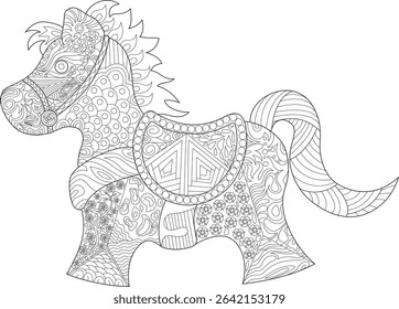Stylized Patterned Horse Illustration for Adult Coloring, Black and white line art illustration of a stylized horse filled with intricate patterns, perfect for adult coloring books, relaxation,