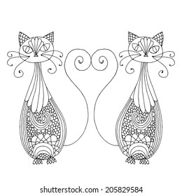Stylized patterned illustration of cats with tails in hart shape 