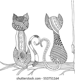 Stylized patterned illustration of cats with tails in hart shape. Vector  background for invitations,cards,...