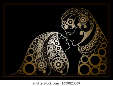 Stylized patterned profile of couple in love.  Valentine symbol. Suitable for invitation, flyer, sticker, poster, banner, card, label, cover, web. Vector illustration.