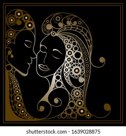 Stylized patterned profile of couple in love.  Valentine symbol. Suitable for invitation, flyer, sticker, poster, banner, card, label, cover, web. Vector illustration.