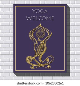 Stylized patterned woman in yoga pose .  Sport design. Suitable for invitation, flyer, sticker, poster, banner, card, label, cover, web. Vector illustration.