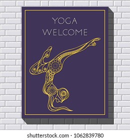 Stylized patterned woman in yoga pose .  Sport design. Suitable for invitation, flyer, sticker, poster, banner, card, label, cover, web. Vector illustration.