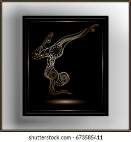 Stylized patterned woman in yoga pose .  Sport design. Suitable for invitation, flyer, sticker, poster, banner, card, label, cover, web. Vector illustration.