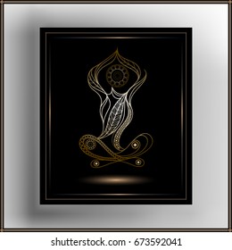 Stylized patterned woman in yoga pose .  Sport design. Suitable for invitation, flyer, sticker, poster, banner, card, label, cover, web. Vector illustration.