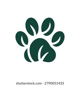 A stylized paw print icon composed of green leaf shapes, symbolizing eco-friendly pet care, natural animal products, or sustainable veterinary services.
