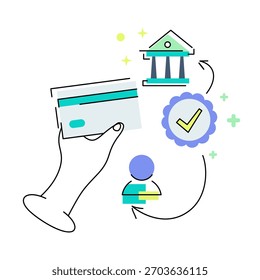 Ilustración de proceso de pago estilizado con tarjeta de crédito, banco y