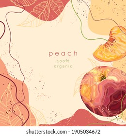 Stylized peach with leaves on an abstract background. Ripe peaches. Card, banner, poster, sticker, print, advertising material. Vector illustration.