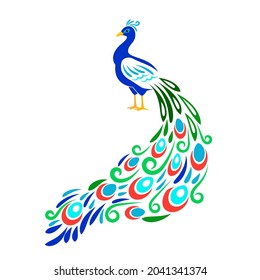 Stylized peacock. Color ornament peecoock animal with floral style tail feathers image, cutting vector ornamental design isolated on white background