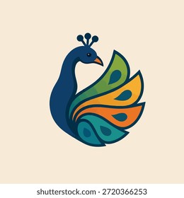 Logotipo de pavo real estilizado con cuerpo azul profundo, pecho turquesa, plumas de cola verdes con patrones de ojos y pico amarillo sobre fondo crema. Perfecto para la marca de lujo, la moda, la belleza, los cosméticos, la joyería, la decoración del hogar y los proyectos de logotipos creativos que requieren un diseño elegante y artístico.