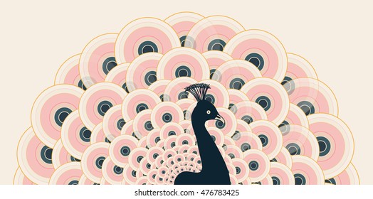 stylized peacock with open tail in a pink and dark blue color palette