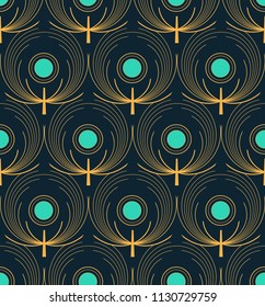 stylized peacocks feathers seamless pattern in gold and blue