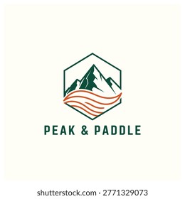 Stylized Peak and Paddle logo combining a mountain peak and flowing water in a hexagon badge. Ideal for outdoor adventure, travel, camping, kayaking and nature brand identity and marketing.