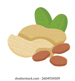 A stylized peanut design showcasing a rough, netted shell with smooth brown nuts and bright green leaves. The organic colors emphasize natural taste and nutrition.
