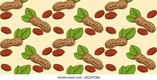 Stylized peanut. Texture with leaves