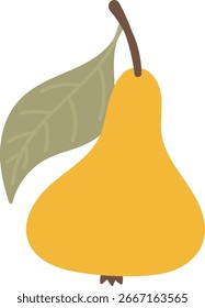 A stylized pear with a single leaf in a cartoon style. The fruit is depicted with simple lines and a smooth texture. Cartoon vector illustration.