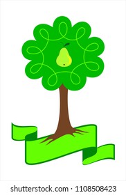 Stylized Pear Tree Logo. Young Pear Tree With Green Leafs, Roots And Pear. Isolated Vector Illustration.