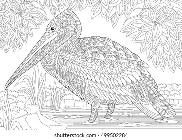 Stylized pelican bird among foliage. Freehand sketch for adult anti stress coloring book page with doodle and zentangle elements.
