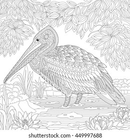 Stylized pelican standing among water lilies (lotus flowers) and pond algae. 
Freehand sketch for adult anti stress coloring book page with doodle and zentangle elements.