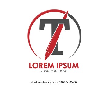 Stylized pen logo and the letters T. Vector illustration for logo, websites, apps, stickers and logos. Flat design.
