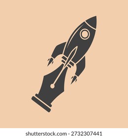 A stylized pen nib transforming into a rocket ship, symbolizing creativity and innovation.