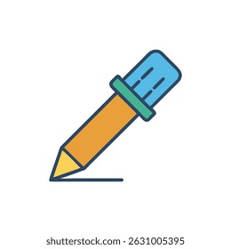 A stylized pencil icon drawing a line against a black backdrop, using blue, gold, and green hues.