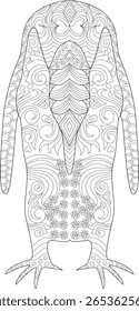 Stylized Penguin Coloring Page with Intricate Zentangle Patterns. Relaxing Anti-Stress Animal Line Art Illustration for Creative Therapy.