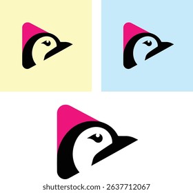 Stylized Penguin Head Logo with Play Button and Colorful Crest
