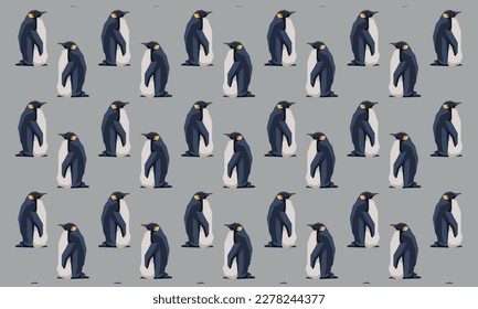 The stylized penguin pattern is made in vector graphics in a cartoon style. Color illustration on a gray background.