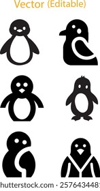 stylized penguin vector icons in black silhouettes. six penguin icons with varying designs and poses. simple black penguin silhouettes for creative projects.