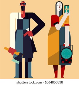 stylized people in full growth, man with an ax, woman with a bucket