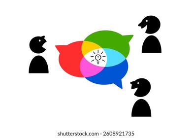 Stylized people icon with intersecting speech bubbles of red, green, blue of RGB color model, white light, glowing bulb in middle. Idea of ​​brainstorming, decision making for presentations, website.