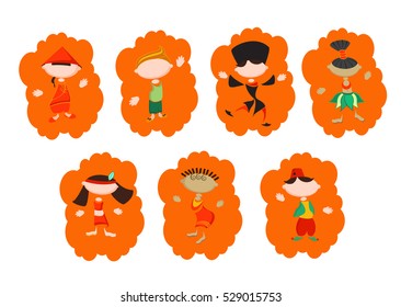 Stylized people in national costumes. Funny stickers of different nationality people. Friendship of Peoples. Traditional costumes. Concept of tolerance.