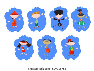 Stylized people in national costumes. Funny stickers of different nationality people. Friendship of Peoples. Traditional costumes. Concept of tolerance.