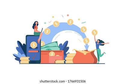 Stylized people sending payment and receiving money isolated flat vector illustration. Cartoon tiny woman with wallet and coins. Remittance, bank and financial transactions concept