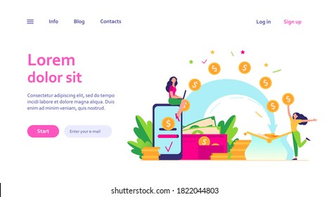 Stylized people sending payment and receiving money isolated flat vector illustration. Cartoon tiny woman with wallet and coins. Remittance, bank and financial transactions concept