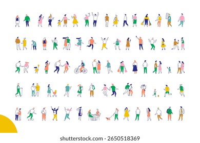 Stylized people silhouette line vector set isolated on white. Diverse people walking, talking, shopping, and interacting 