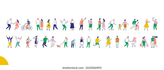 Stylized people silhouette line vector set isolated on white. Diverse people walking, talking, shopping, and interacting 