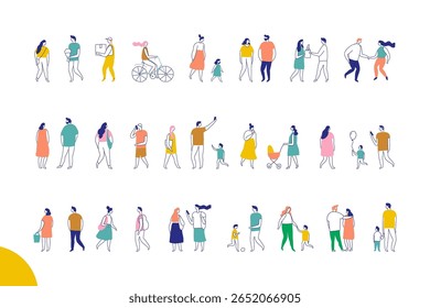 Conjunto de Vector de línea de silueta de personas estilizadas aislado en blanco. Personas diversas caminando, hablando, comprando e interactuando 
