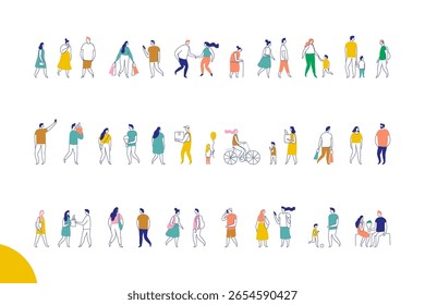 Conjunto de Vector de línea de silueta de personas estilizadas aislado en blanco. Personas diversas caminando, hablando, comprando e interactuando 