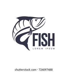 stylized perch fish, icon pictogram. Fishing brand, logo design. Vector flat silhouette illustration isolated on a white background.