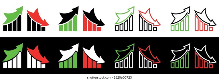 Iconos de tendencias de rendimiento estilizados para visualización de datos e información empresarial. Ilustración vectorial aislada sobre fondo blanco y negro.