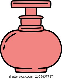 A stylized perfume bottle with a bold outline and simple shapes. The bottle's smooth curves and minimalist details create a modern look. Cartoon vector illustration.