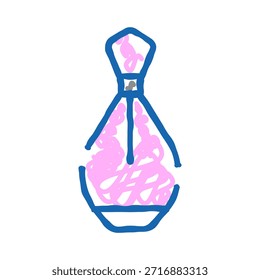 Dibujo de botella de perfume estilizado con una mezcla abstracta de trazos rosados y contornos azules, que representa la fragancia, el lujo y la expresión artística sobre un fondo blanco