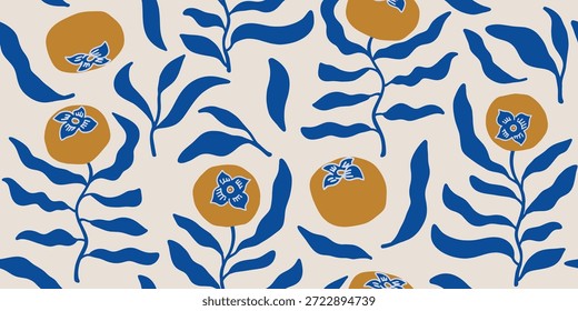 Stylized Persimmon and Foliage Seamless Pattern
