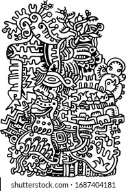 a stylized person in the forest, surrounded by unusual creatures and plants