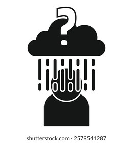 Stylized person is having information overload with data raining down from a cloud with a question mark