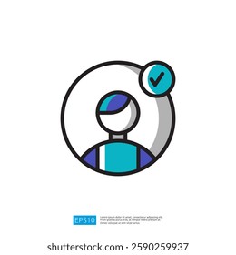 a stylized person illustration icon with a checkmark, suggesting verification or approval. It represents concepts of identity, confirmation, or user status.